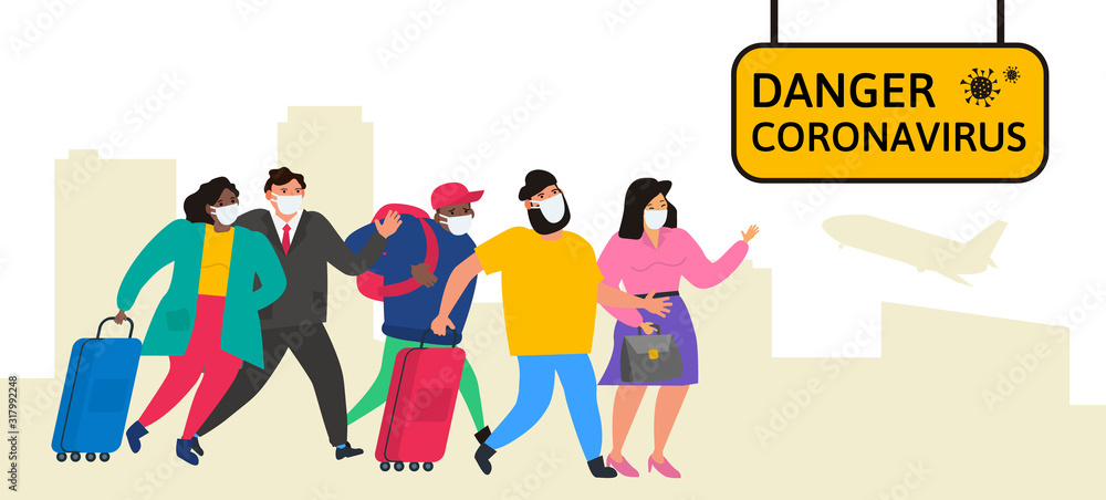 danger coronavirus information board people tourists with travel bags in airport wearing protective mask