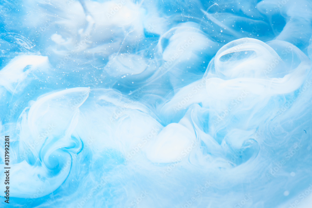 Obraz premium Abstract blue clear sky background with white soft clouds of smoke, lightness and weightlessness, watercolor pattern