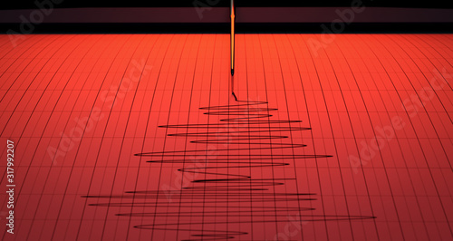Red alert a closeup of a seismograph machine needle drawing a on graph paper depicting seismic and earthquake activity - 3D Render