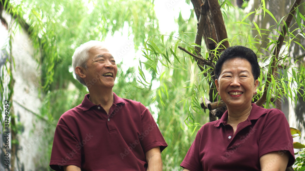 Talking Asian elder couple sitting in park under green willow tree Talking Asian elder couple sitting in park under green willow tree