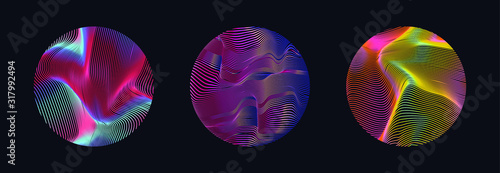 Illuminated holographic circle with glitched texture, wavy lines. Retrofuturistic illustration in 80s-90s Vaporwave, synthwave, retrowave style.