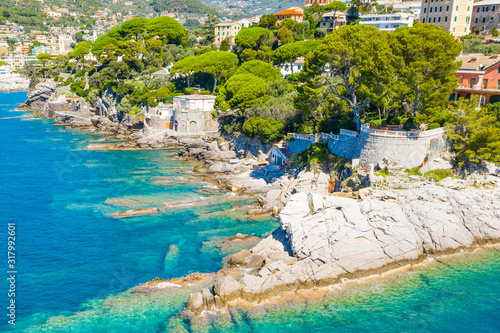 Rocky coast in Camogli, Italy. Aerial view on Adriatic seaside, liguria.