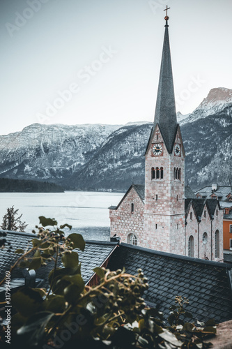 Winter View of Hallstatt, traditional austrian wood village, UNESCO world culture heritage site. Alps, Austria.