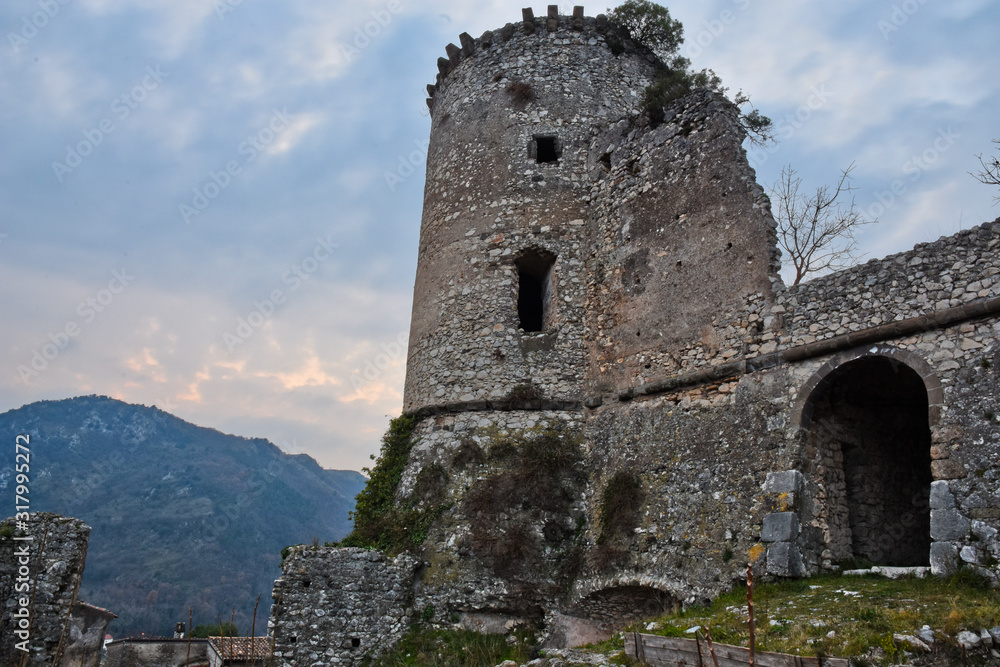 Vairano Paterona, Italy, 01/24/2020. The ruins of an abandoned medieval castle Vairano Paterona, Italy, 01/24/2020. The ruins of an abandoned medieval castle