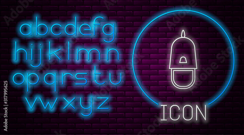 Glowing neon line Police cap with cockade icon isolated on brick wall background. Police hat sign. Neon light alphabet. Vector Illustration