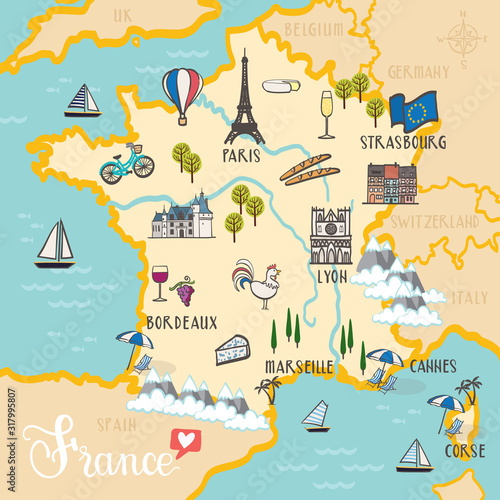 France - hand drawn illustration, map with landmarks