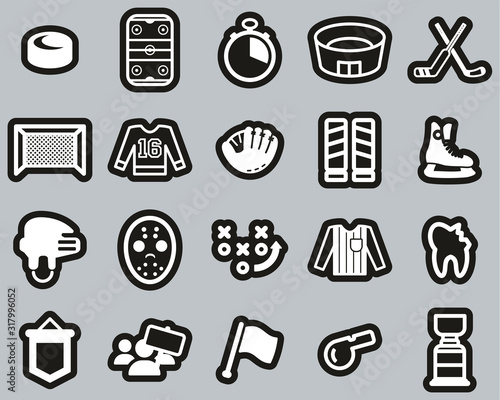 Hockey Sport & Equipment Icons White On Black Sticker Set Big