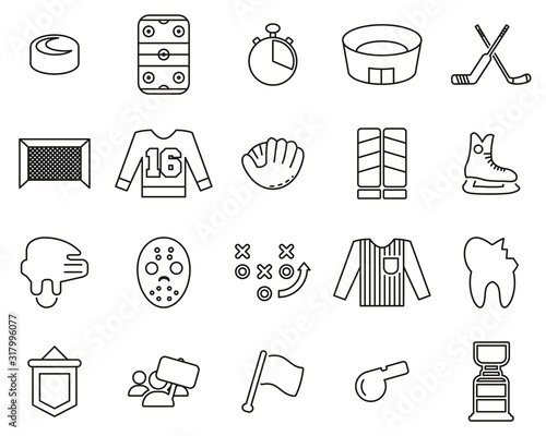 Hockey Sport & Equipment Icons Black & White Thin Line Set Big