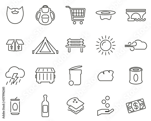 Homeless Lifestyle & Culture Icons Black & White Thin Line Set Big