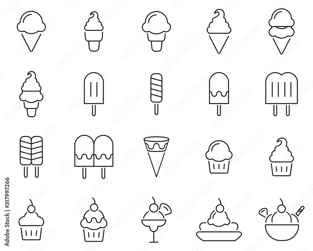 Ice Cream Icons Black & White Thin Line Set Big - obrazy, fototapety, plakaty 