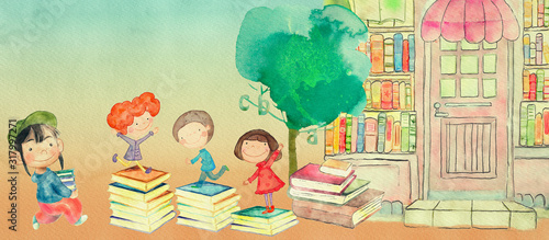 Bookstore. Watercolor illustration for children