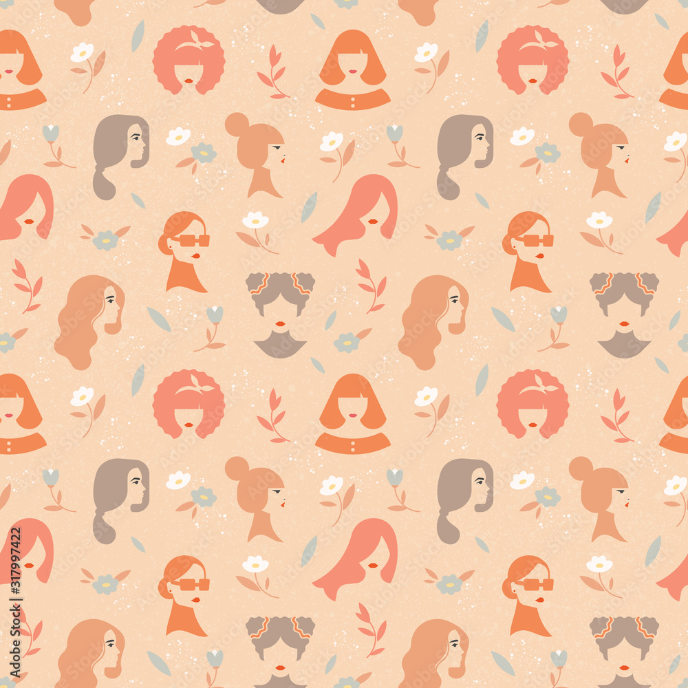 Vector seamless pattern of silhouettes of women in a linear style. On vector noised background.