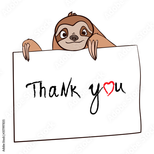 sloth holds a card. thank you inscription. free hand lettering. hand drawn isolated on a white background.
