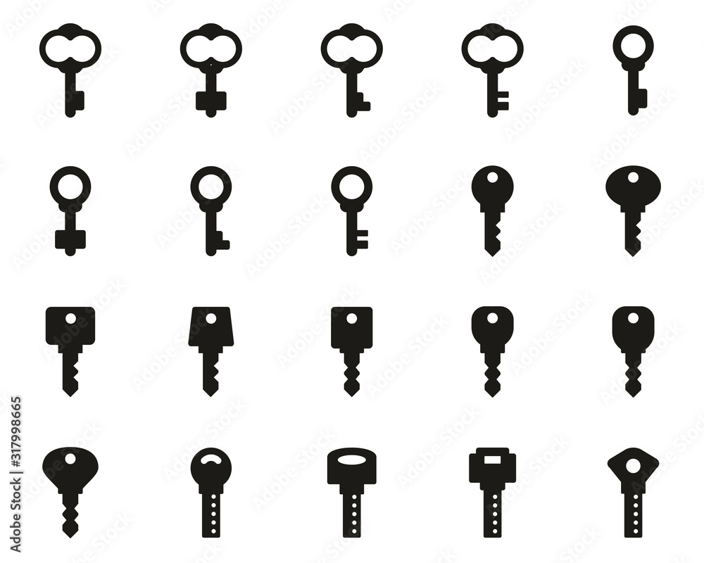 Keys Or Various Shapes Of Keys Icons Black & White Set Big Keys Or Various Shapes Of Keys Icons Black & White Set Big