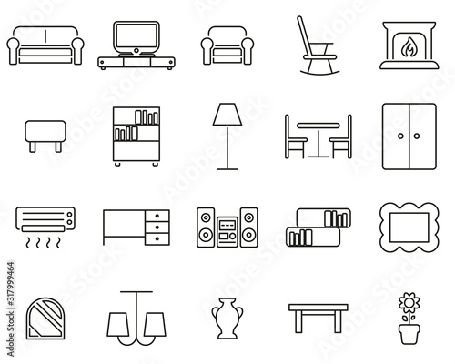 Living Room Furniture Icons Black & White Thin Line Set Big