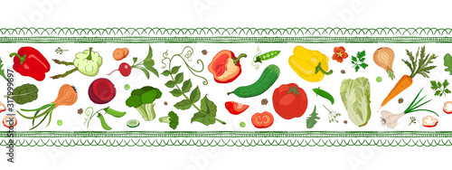 Horizontal border with openwork border and fresh bright vegetables