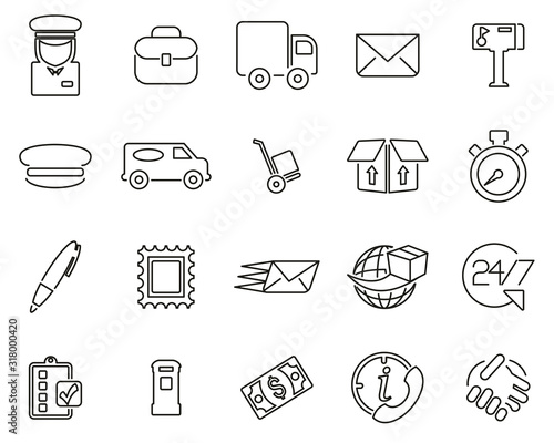 Mail Man Or Post Office Worker Icons Black & White Thin Line Set Big