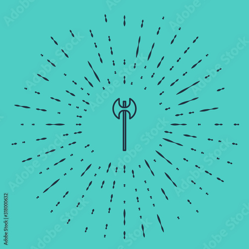 Black line Medieval axe icon isolated on green background. Battle axe, executioner axe. Medieval weapon. Abstract circle random dots. Vector Illustration