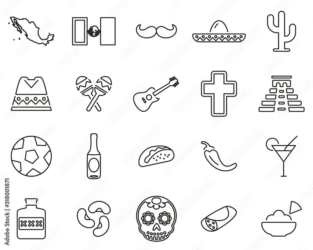 Fototapeta premium Mexico Country & Culture Icons Black & White Thin Line Set Big