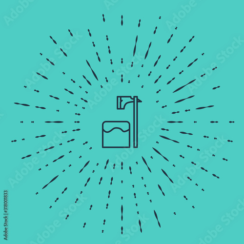 Black line Executioner axe in tree block icon isolated on green background. Hangman, torturer, executor, tormentor, butcher, headsman. Abstract circle random dots. Vector Illustration