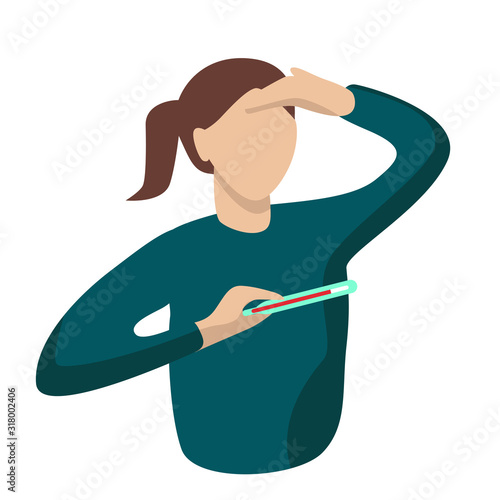 Woman with temperature holds thermometer. 