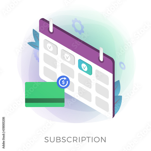 Subscription payment flat isometric vector icon. Monthly subscription basis fee concept. Credit Bank card with a recurring payment icon and calendar with monthly payment date for a registered member photo