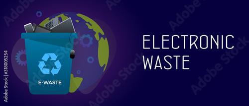 Electronic waste management horizontal banner concept - waste recycle container bin with old electronic equipment - laptop, phone, keyboard, computer. Header and footer banner template with text