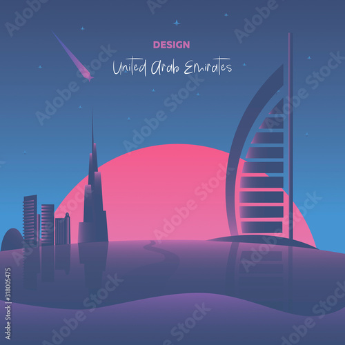Vector illustration, 80s inspired disco music, 3d background, neon, United Arab Emirates at sunset, tourism. EPS 10