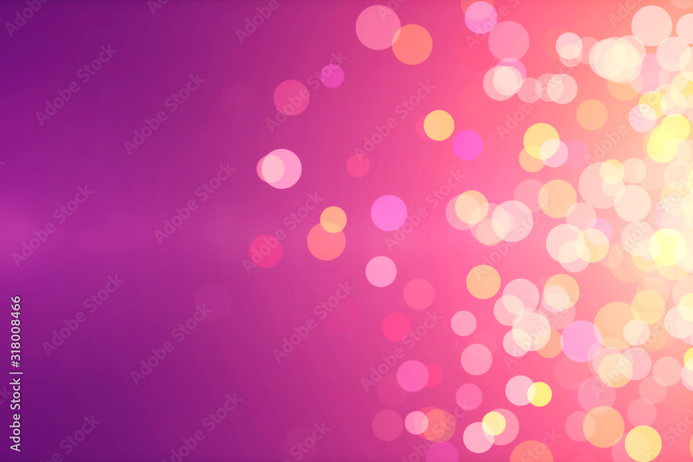 Bright purple bokeh lights abstract background. Flying pink particles or dust. Vivid lightning. Merry christmas design. Blurred light dots. Can use as cover, banner, postcard, flyer.