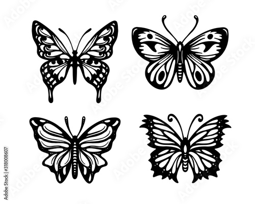 Butterfly hand drawn tattoo set. Vector illustration.