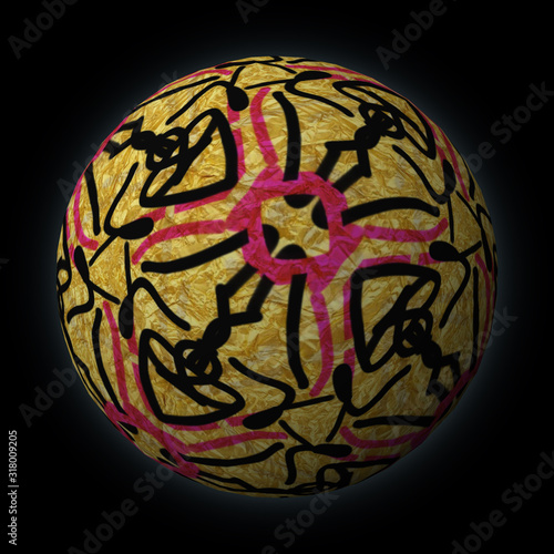 Artfully designed and colorful ball, 3D illustration on black background 