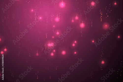 Bright red bokeh lights abstract background. Flying particles or dust. Vivid lightning. Merry christmas design. Blurred light dots. Can use as cover, banner, postcard, flyer.