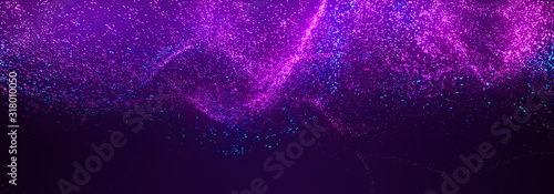 Bright purple bokeh lights abstract background. Flying violet particles or dust. Vivid lightning. Merry christmas design. Blurred light dots. Can use as cover, banner, postcard, flyer.