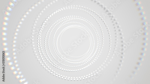 Abstract white background. Neon lights. Glowing tunnel. Bright vibrant dots. laser illumination.