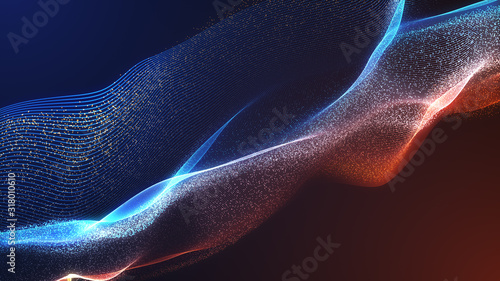 Bright wavy background. Glowing dots and lines. Neon light. Wave element for design. Smooth particle waves. Dynamic techno wallpaper. Blue and red