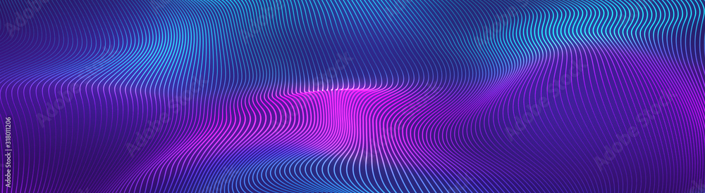 Bright wavy background. Glowing dots and lines. Neon light. Wave element  for design. Smooth particle waves. Dynamic techno wallpaper.Violet and blue  colors Stock Illustration