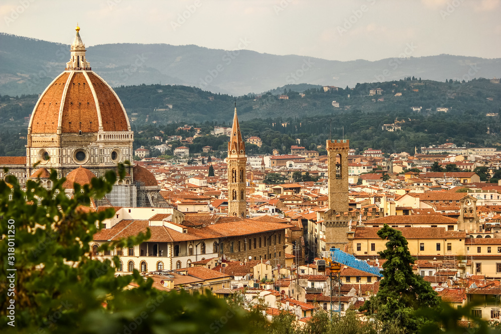 Panorama view of the hart of the amazing city of Florence and the Cathedral in golden hour sunlight, Tuscany, Florence, Italy