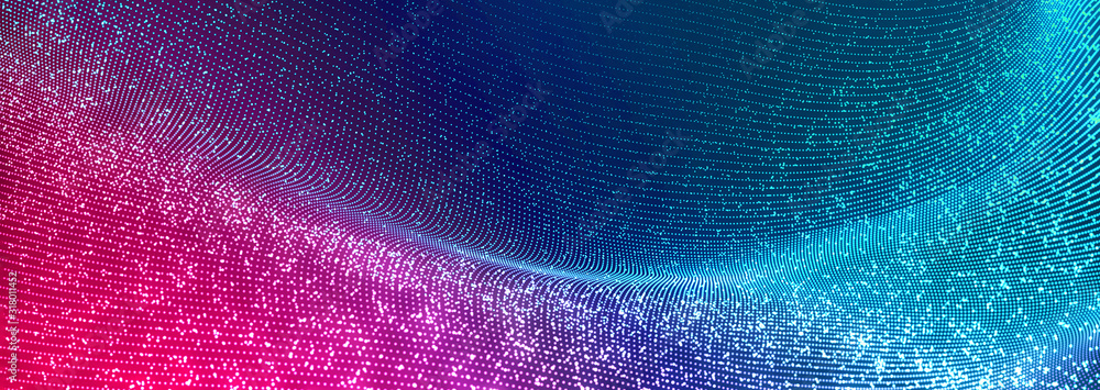 Bright wavy background. Glowing dots and lines. Neon light. Wave element  for design. Smooth particle waves. Dynamic techno wallpaper. Blue and red  color Stock Illustration | Adobe Stock