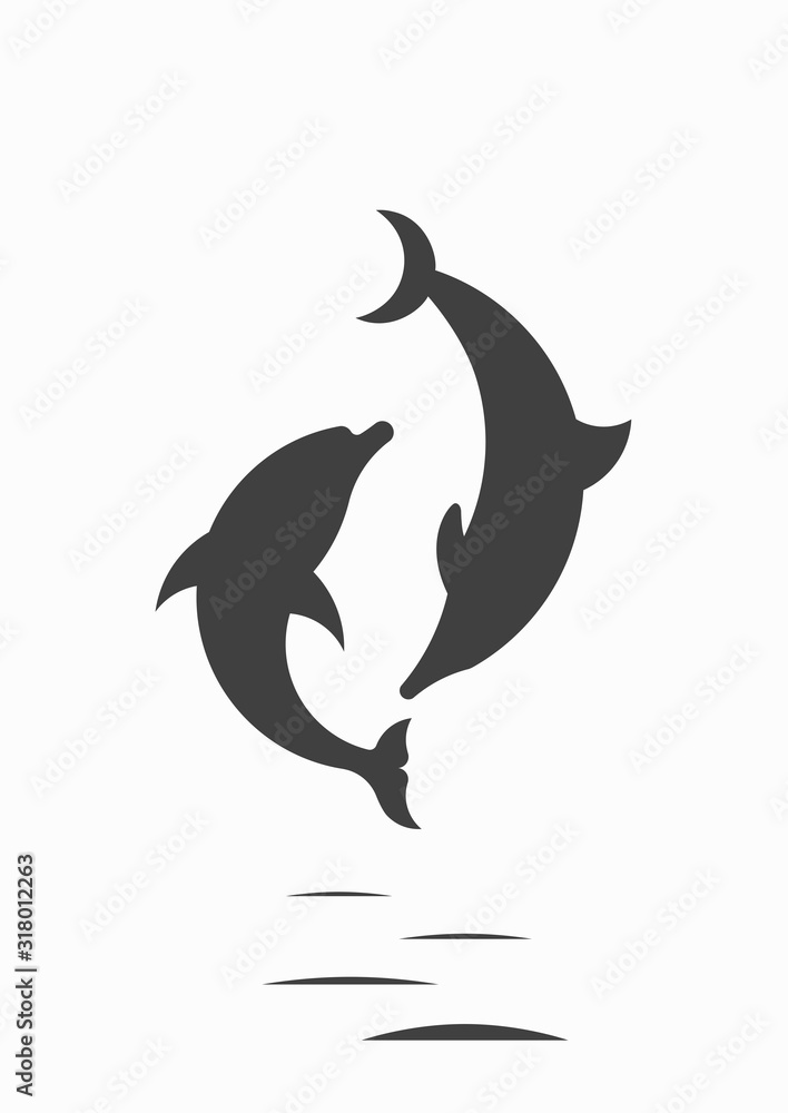 Silhouette of dolphins on a white background. Dolphins and the moon. Vector illustration. Silhouette of dolphins on a white background. Dolphins and the moon. Vector illustration.