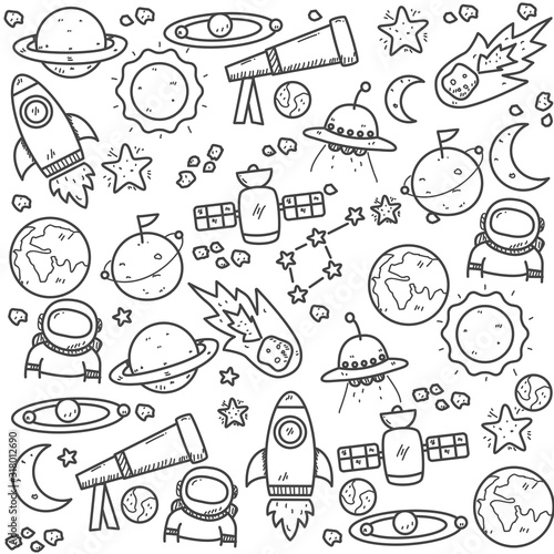 Set of astronomy doodle elements in hand drawn style. Astronomy doodle background 
