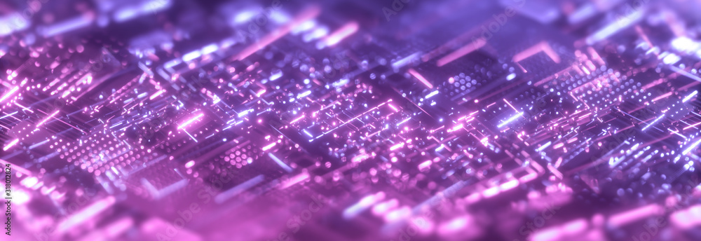 Abstract purple technology background. Futuristic digital motherboard texture. Neon light - obrazy, fototapety, plakaty 