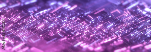 Abstract purple technology background. Futuristic digital motherboard texture. Neon light
