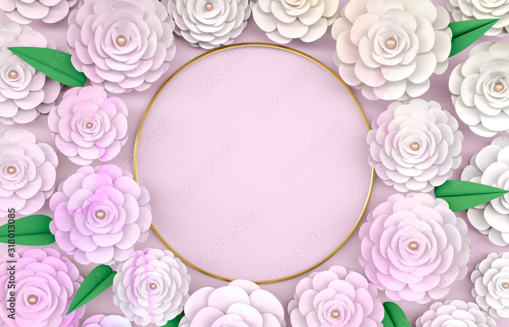 Beauty fashion 3d background with golden circle frame on blooming rose flower. pastel watercolor paper texture.