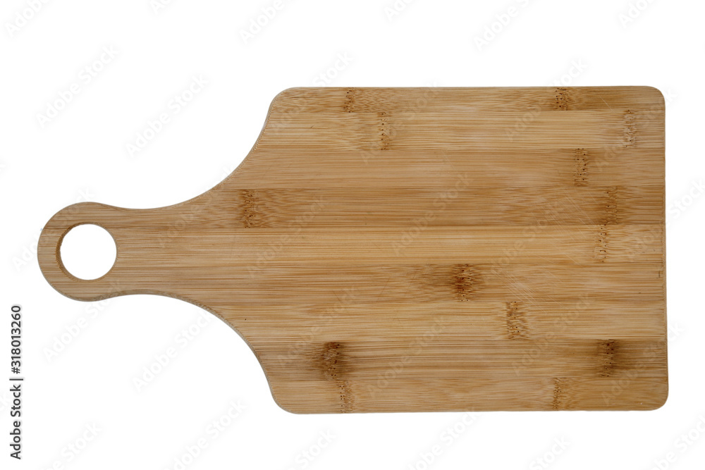 Wooden cutting Board made of bamboo, isolated on a white background horizontally with a round hole handle. Kitchen equipment, items. Wooden cutting Board made of bamboo, isolated on a white background horizontally with a round hole handle. Kitchen equipment, items.