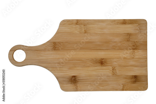 Wooden cutting Board made of bamboo, isolated on a white background horizontally with a round hole handle. Kitchen equipment, items.
