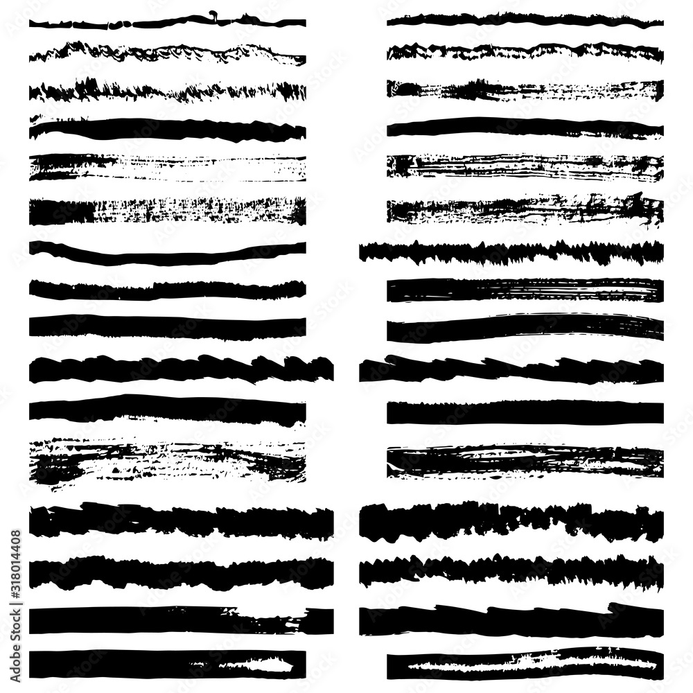 Vector set of ink drawn black rough brushes on a white background