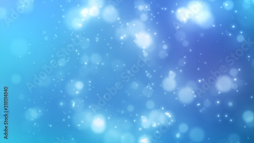 Bright blue bokeh lights abstract background. Flying particles or dust. Vivid lightning. Merry christmas design. Blurred light dots. Can use as cover, banner, postcard, flyer.