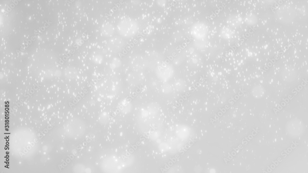 Bright white bokeh lights abstract background. Flying silver particles or dust. Vivid lightning. Merry christmas design. Blurred light dots. Can use as cover, banner, postcard, flyer.
