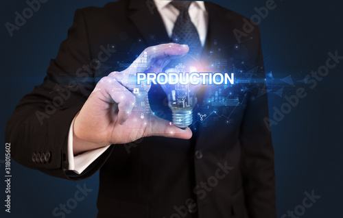 Businessman holding light bulb with PRODUCTION inscription, innovative technology concept