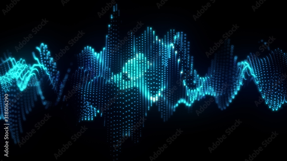 Bright wavy background. Glowing dots and lines. Neon light. Wave element  for design. Smooth particle waves. Dynamic techno wallpaper. Blue and red  color Stock Illustration | Adobe Stock